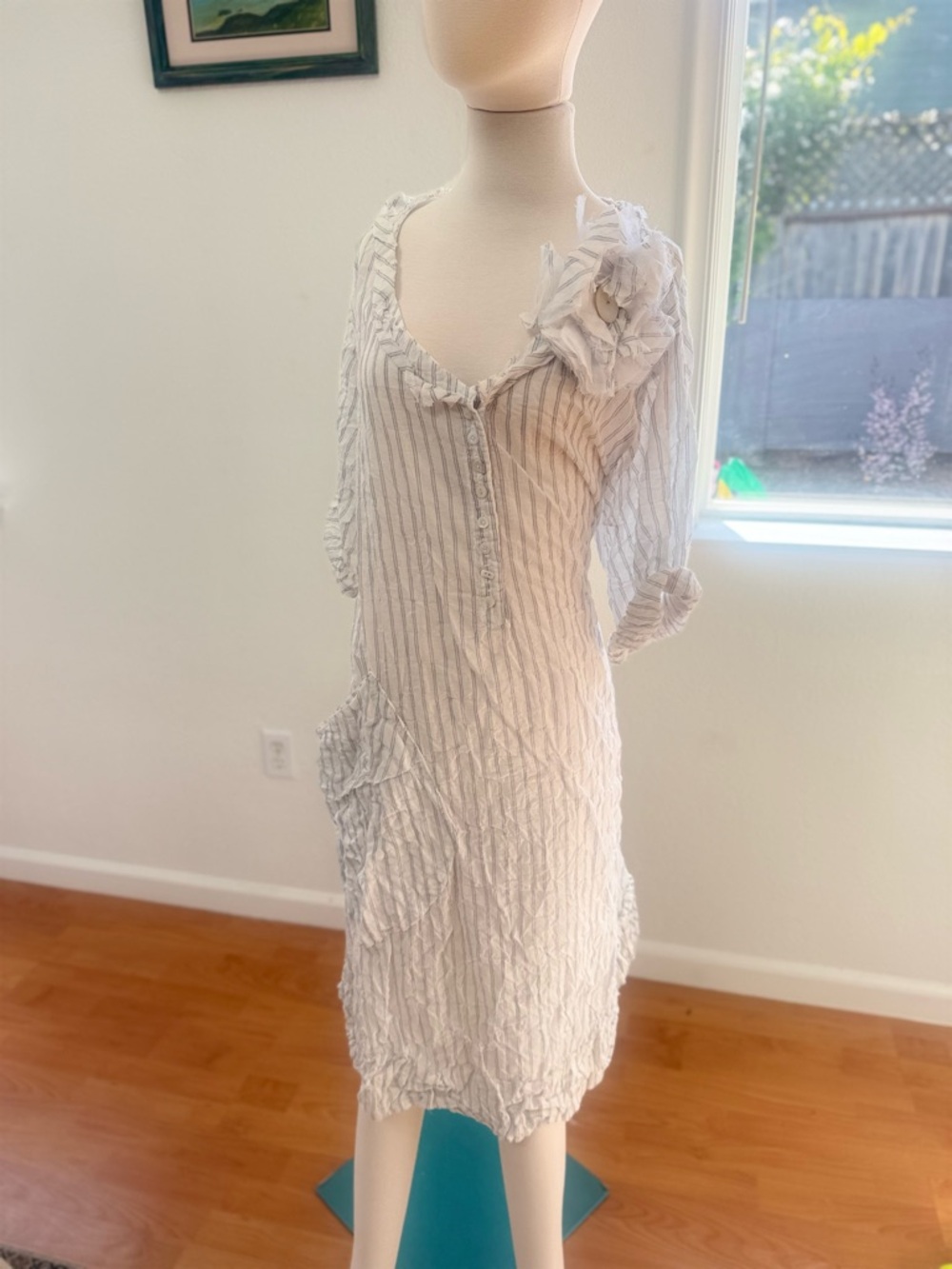 Button-Front White Striped Maxi Dress with Floral Pin Krista Larson
